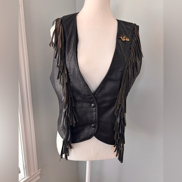 Steer Brand Black Leather Vest with Fringe and 2003 Sturgis Motorcycle Rally Pin - Picture 1 of 7